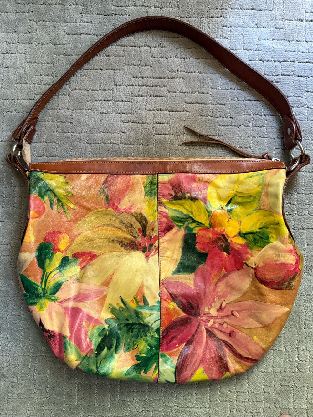 Maurizio Taiuti Italian Leather Hand Painted Floral Hobo Vintage Bag